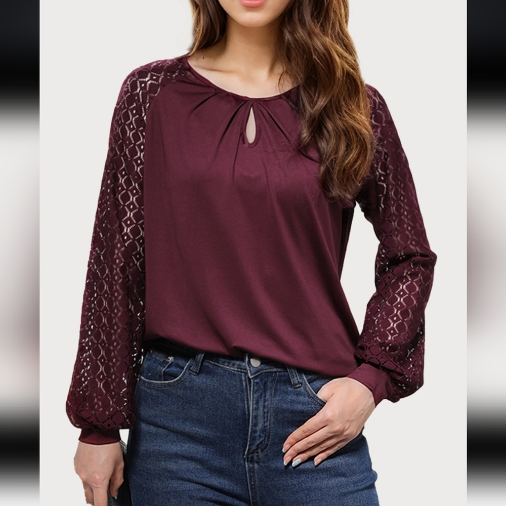 ❤️Chic Burgundy Lace Sleeve Blouse - Picture 5 of 10